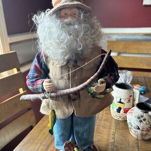 Vintage Satna Clause Fishing  collatable  figurine 17in  Tall plush on wood base
